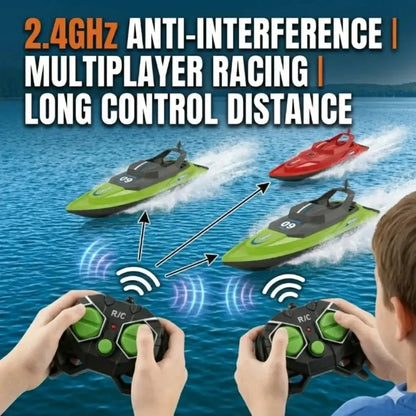 Waterproof high-speed RC boat for kids racing with remote controllers on a lake.