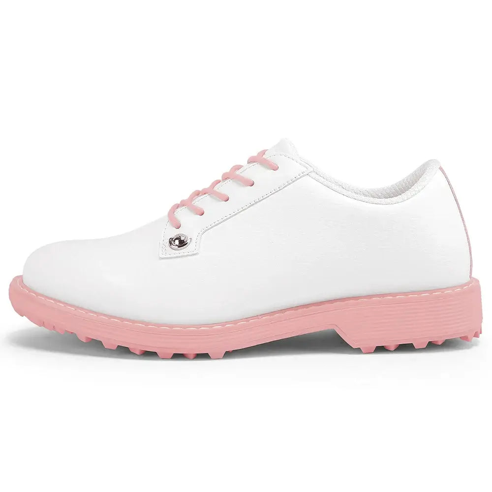 women's leather golf shoes in white and pink, comfortable golfer footwear for optimal performance on the course.