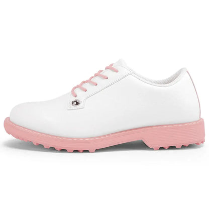 women's leather golf shoes in white and pink, comfortable golfer footwear for optimal performance on the course.