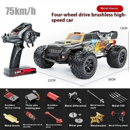 High-speed 4WD RC truck with metal chassis, reaching speeds of 75km/h and off-road capabilities.