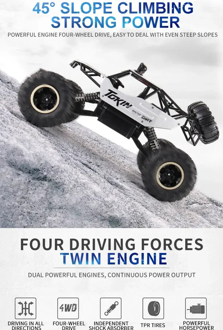 RC Car Remote Control Climbing Vehicle showcasing strong power on a steep slope with powerful four-wheel drive.