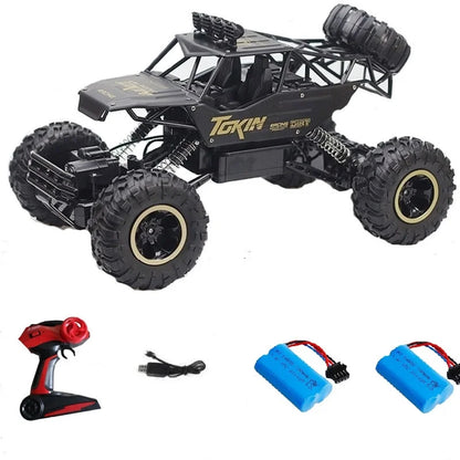 Remote control cars with LED lights, 4WD RC car with dynamic design, battery packs, and controller.