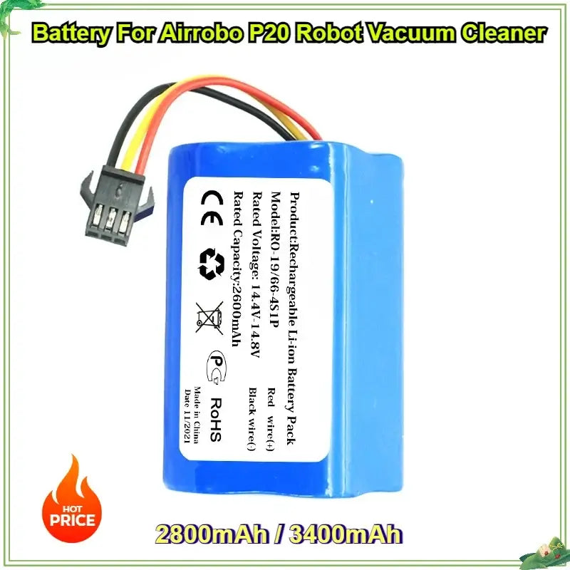New 14.8V 2800mAh/3400mAh Li-ion Battery for Airrobo P20 Robot, rechargeable vacuum cleaner battery.