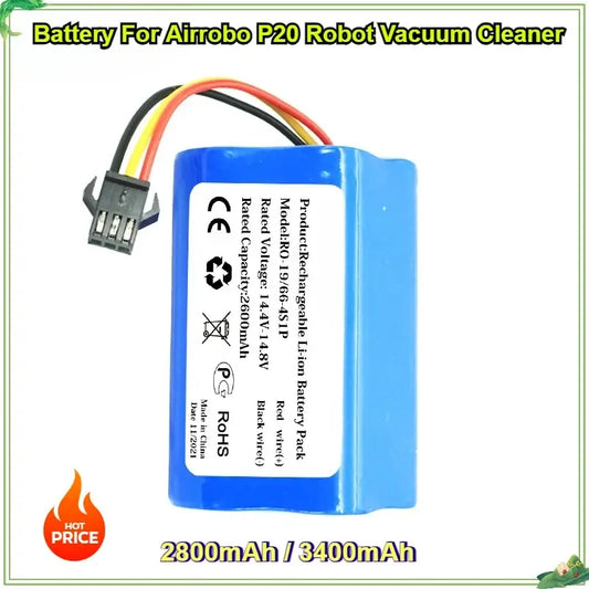 Li-ion Battery for Airrobo P20 Robot with specifications including 2800mAh and 3400mAh capacity.
