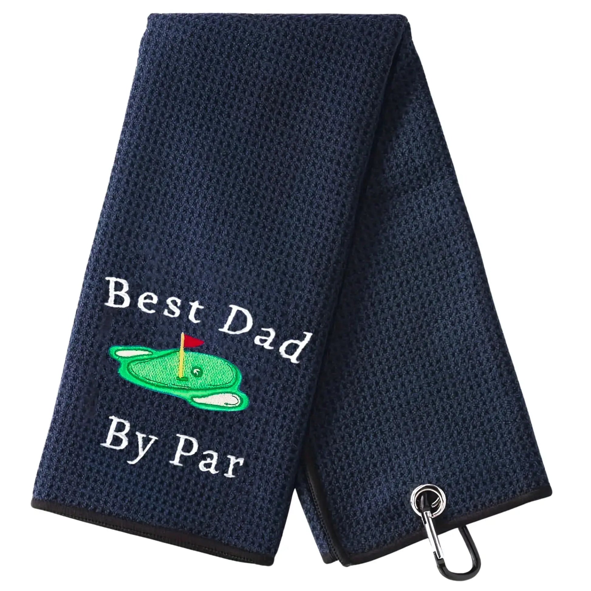 Microfiber Premium Golf Towel, Embroidered Golf Towels with 'Best Dad By Par' design and carabiner clip.