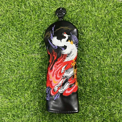 1pc Faux Leather Golf Club Head Cover with Phoenix Embroidery on a grass background