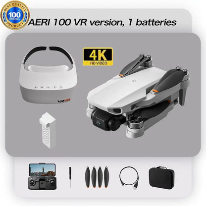 Aeri100 VR New Drone with VR headset and accessories including battery and 4K HD video capability.