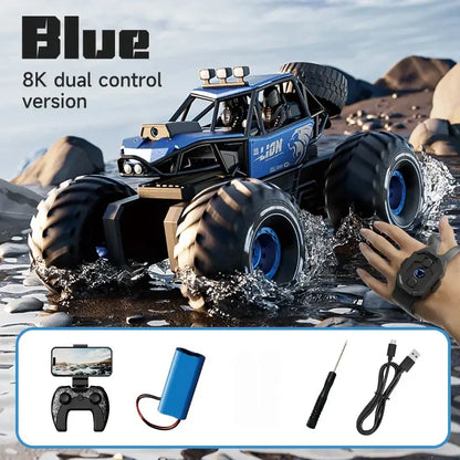 Amphibious remote control car for kids 4DRC New Y10, blue model with 8K dual control version in water.