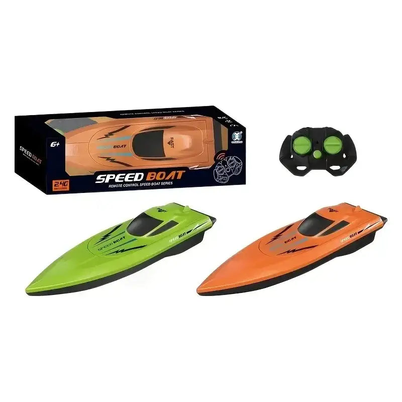 Image of a dual propeller remote control speedboat in orange and green, with remote control and packaging.
