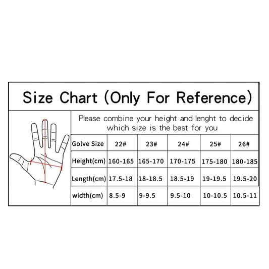 Size chart for Golf Gloves Men's Glove Left Right Hand, providing measurements for glove sizes 22# to 26#.
