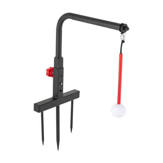 Golf Swing Trainer, a swing practice trainer with a black and red design and attached white golf ball for training aid.