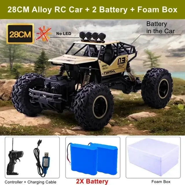 RC Car Remote Control Climbing Vehicle with 28CM alloy design, two batteries, and foam box for outdoor adventures.