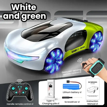 Remote Control Concept Cars drift vehicle in white and green with glowing wheels and gesture-sensing remote control.