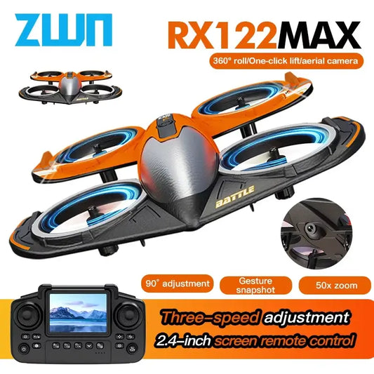 RC Plane RX122 MAX with lights and screen remote control showing 360-degree roll and gesture snapshot features.