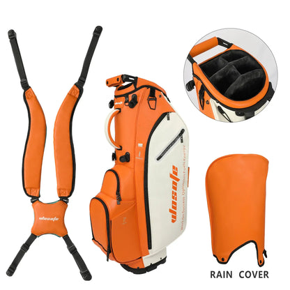 Golf Stand Bag for Men & Women in orange and white, featuring rain cover and padded straps for easy carrying.