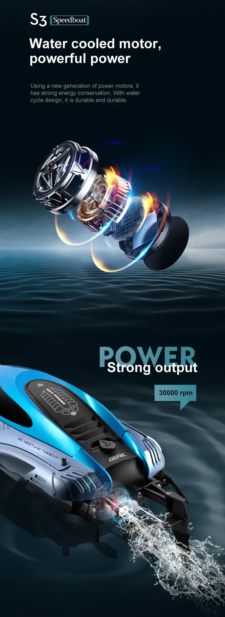S3 Remote Control Boat showcasing water cooled motor and strong output power for high-speed performance.
