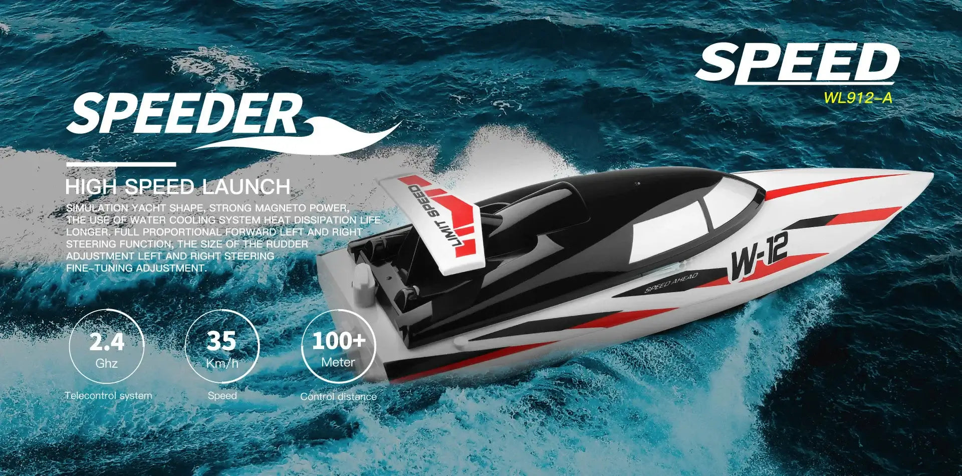 WLtoys 2.4G WL912-A RC Boat speeding on water, showcasing high-speed features and sleek design.