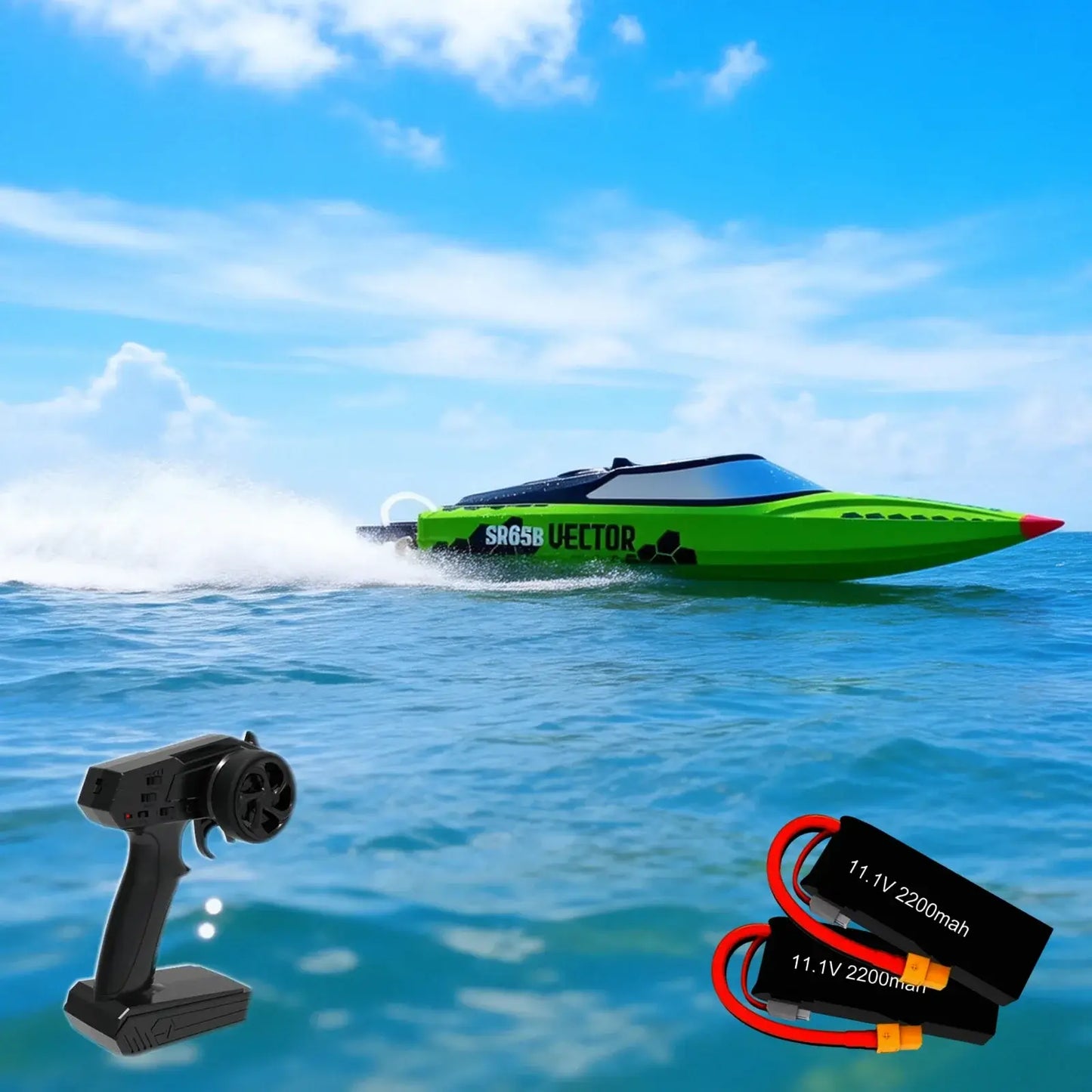 Large Remote Control Boat SR65B racing on water with controller and batteries displayed.