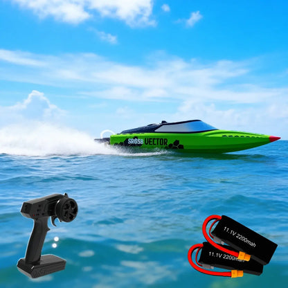 Large Remote Control Boat SR65B racing on water with controller and batteries displayed.