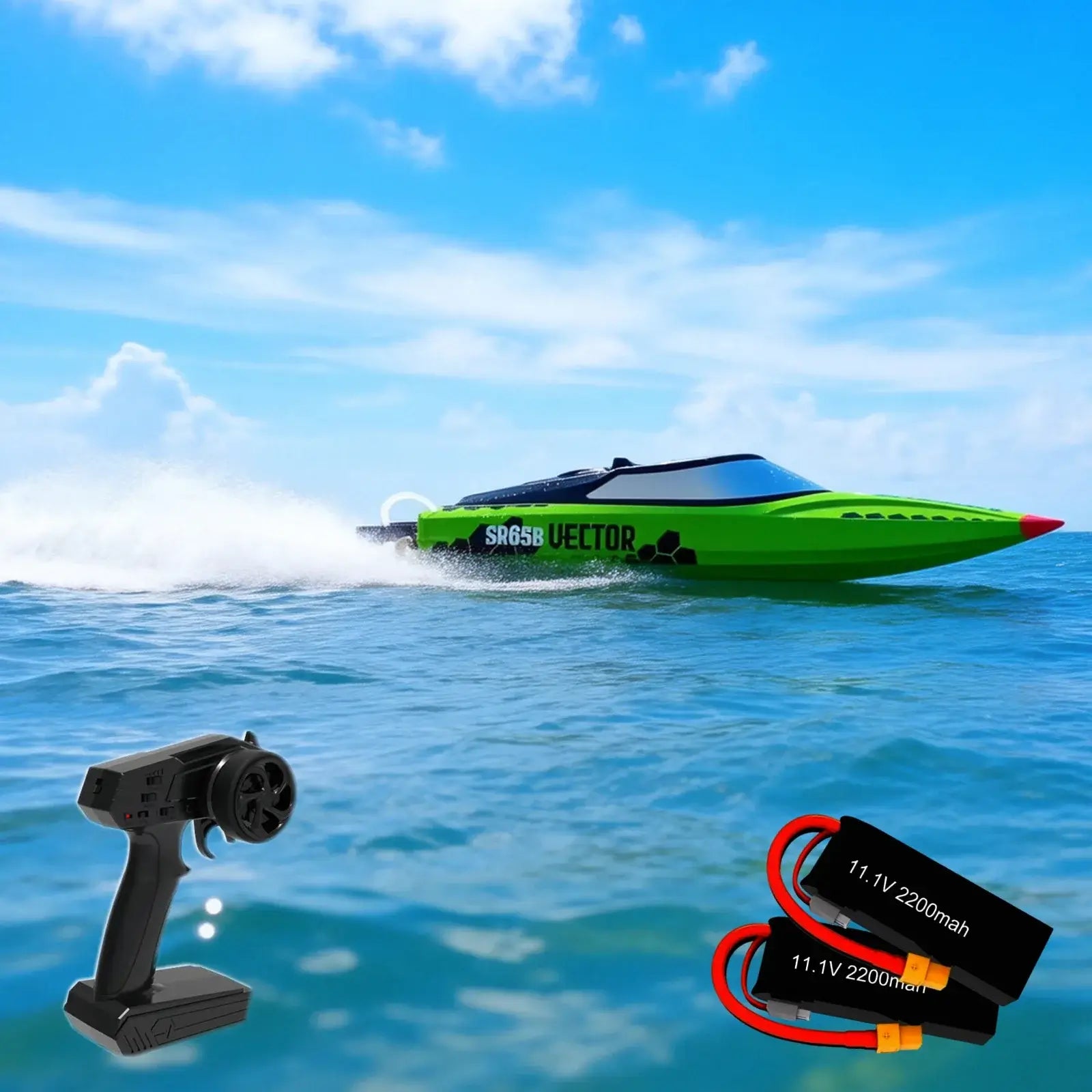 SR80 Pro. RTR 31.5 RC Boat speeding on water with remote control and batteries.