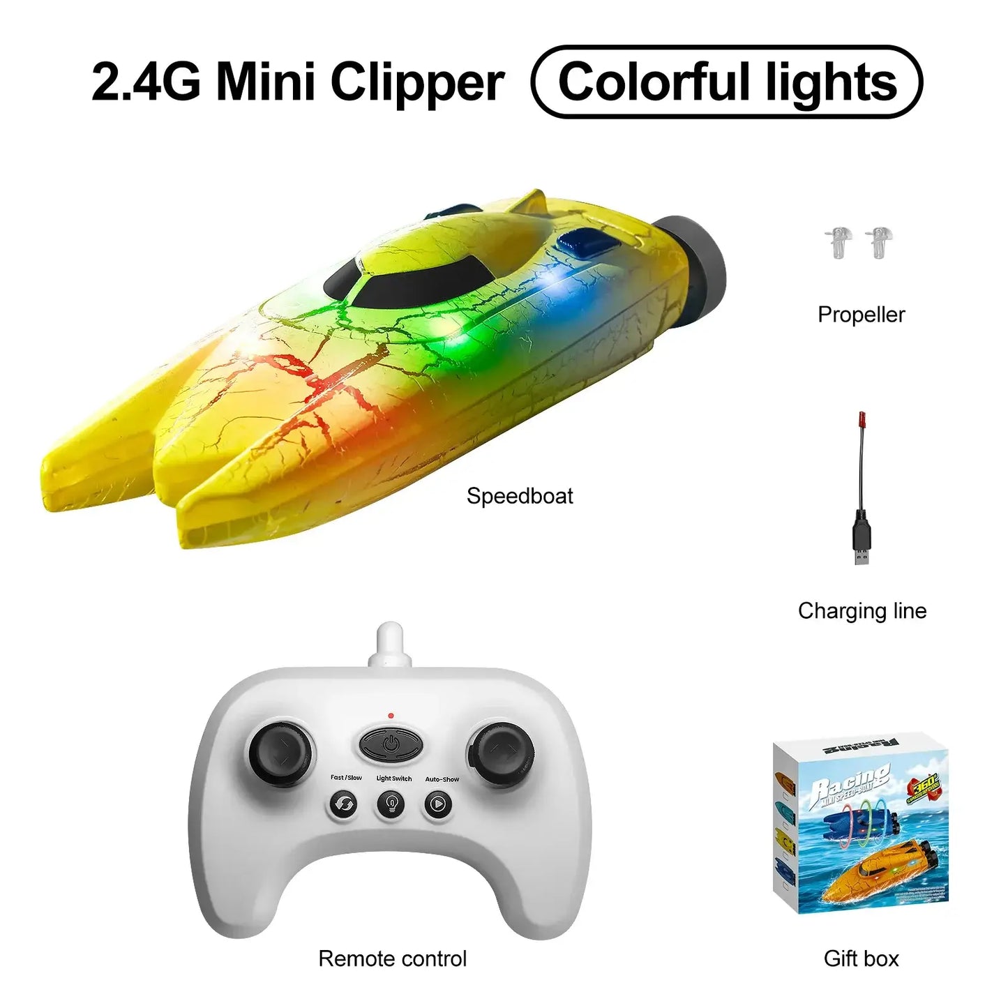RC Boats Mini remote control boat with colorful lights and accessories including controller and propeller.