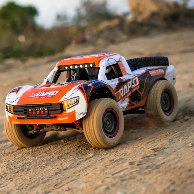 JJRC Q130 RC Car racing on rough terrain, showcasing 4x4 off-road capabilities and high brushless speed in action.