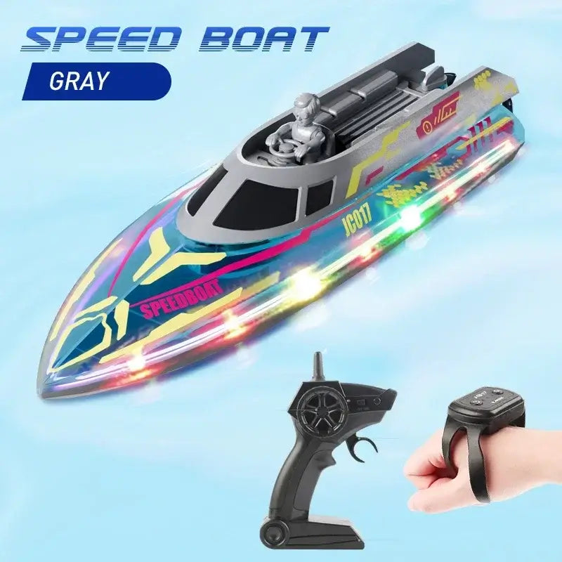 electric remote control speedboat with colorful lights and controller in gray color.