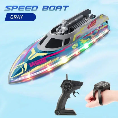 electric remote control speedboat with colorful lights and controller in gray color.