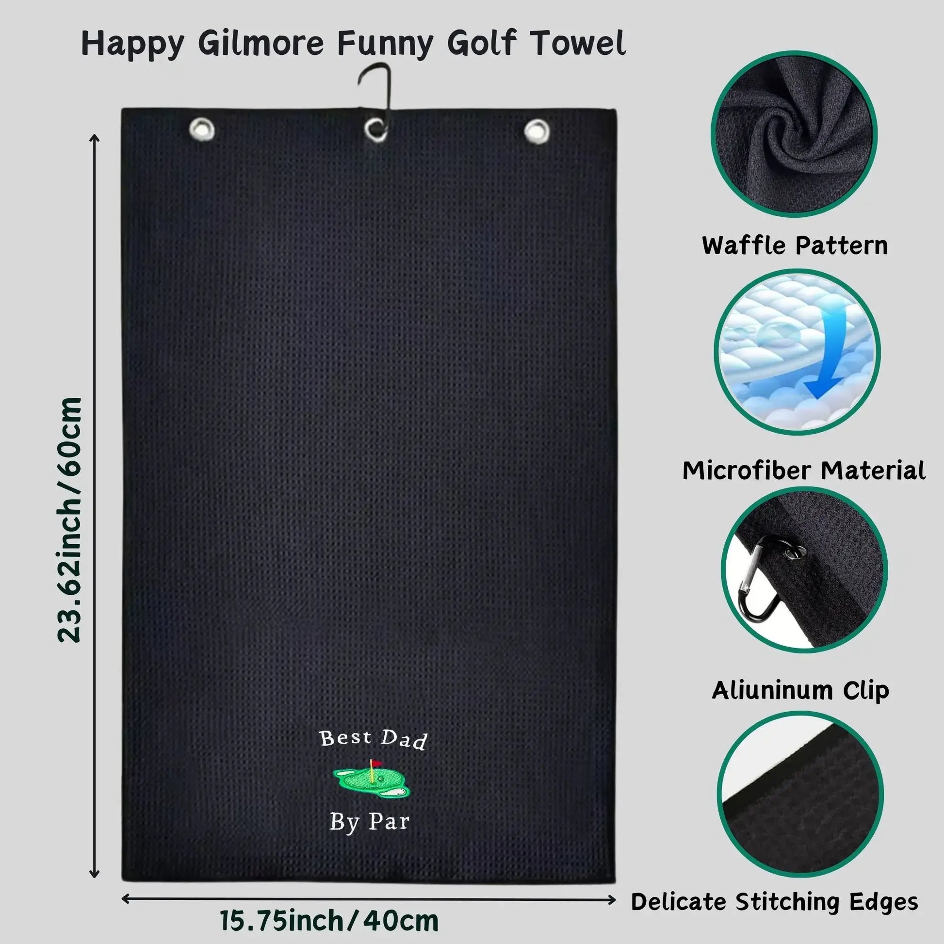 Happy Gilmore Funny Golf Towel, Microfiber Material, Waffle Pattern, Aluminum Clip, 15.75x23.62 inches.