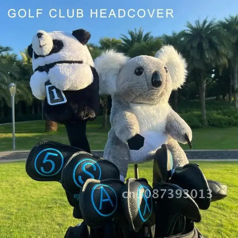 Cartoon Animal Golfing Club Cover featuring plush panda and koala headcovers on golf clubs in sunny outdoor setting.
