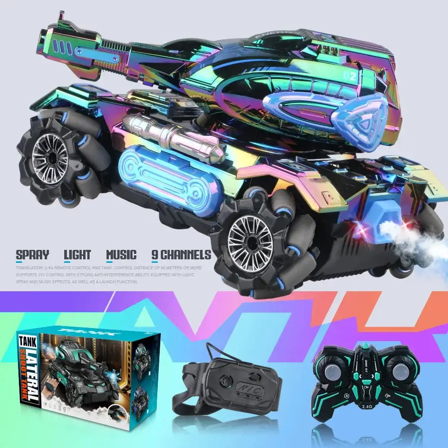 stunt launch water polo tank RC spray car 2.4G four-wheelSPECIFICATIONS stunt launch water polo tank Brand Name: NONE Certification: CE Charging Voltage: 3.7V Choice: yes Control Channels: 9 Channels Controller Mode: MODE1 Design: Cars Features: Remote Co