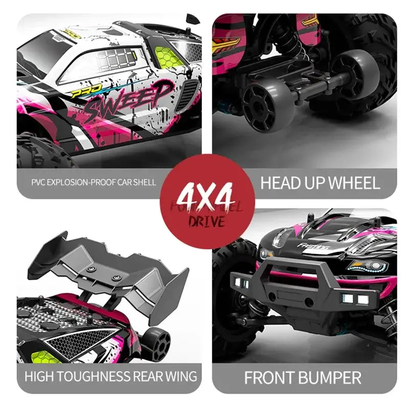High Speed RC Car 4WD features including PVC shell, head up wheel, rear wing, and front bumper for off-road performance.