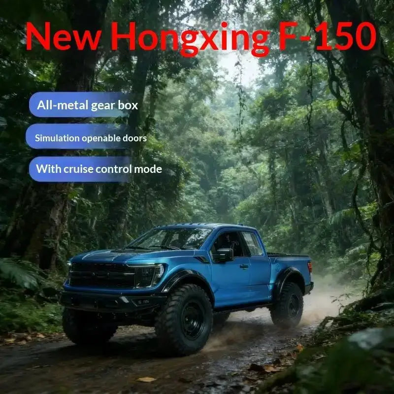F-150 Raptor RC truck navigating through a forest path with openable doors and all-metal gear box.