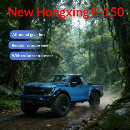 F-150 Raptor RC truck navigating through a forest path with openable doors and all-metal gear box.