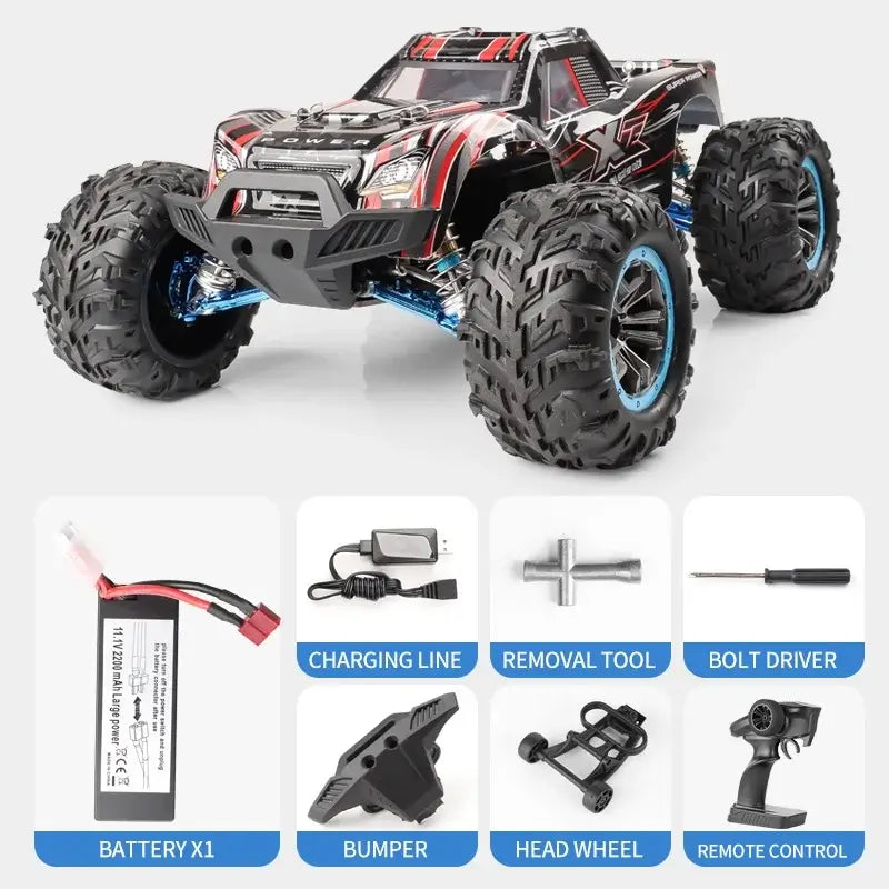 90kmh brushless rc racing car with battery, charger, tools, and remote control showcased on a white background.
