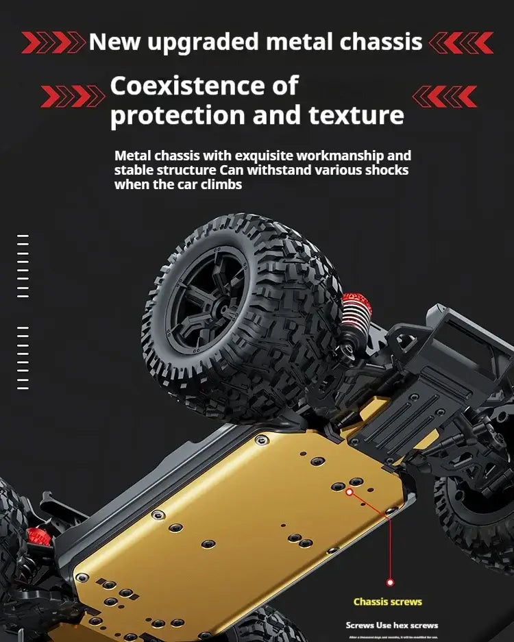 High-speed 4WD RC truck showcasing new upgraded metal chassis for enhanced durability and performance.