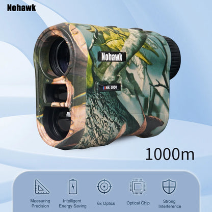 Golf laser rangefinder with slope compensation featuring 1000m range and advanced optics design.