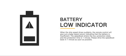 Battery low indicator for WLtoys 2.4G WL912-A RC Boat, alerts about insufficient battery level, urging quick return.