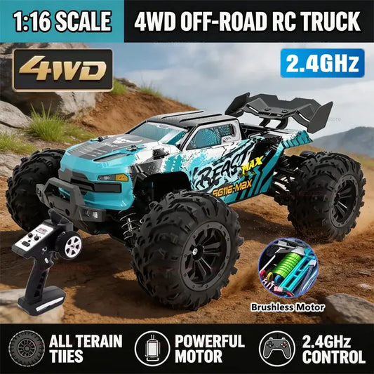 High speed remote control car 80KMH 1:16 scale 4WD off-road RC truck with brushless motor and 2.4GHz control.