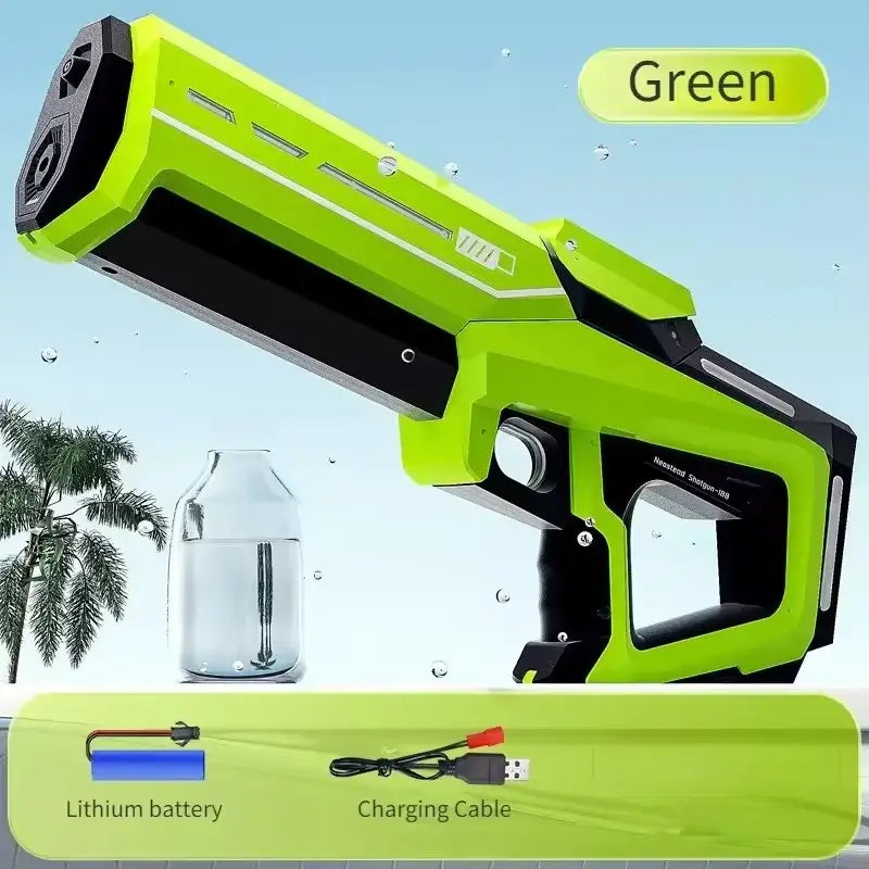 42cm Electric Water Guns for Adults High Pressure Automatic in green color with charging cable and lithium battery.