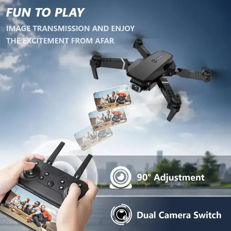 NEW Drone 4K Professinal showcasing dual camera switch and image transmission capabilities from afar.