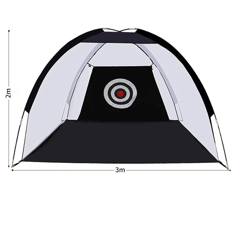 Indoor golf practice net design with 2m height and 3m width, featuring a center target for practice.