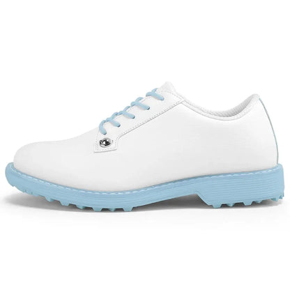 women's leather golf shoes in white with blue sole, designed for comfort and stability on the golf course.