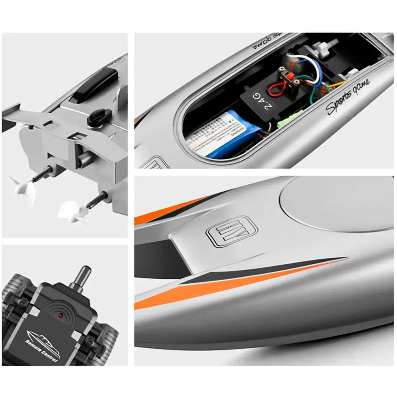 RC Boat 2.4Ghz 25kmh detailed view showcasing internal components and remote control features.