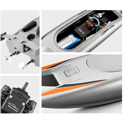 RC Boat 2.4Ghz 25kmh detailed view showcasing internal components and remote control features.