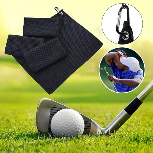 Black Microfiber Cotton Golf Towel With Carabiner Hook Cleans Clubs, ideal for golf enthusiasts.