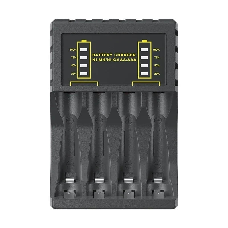AA/AAA Battery Charger in black plastic with four slots and a dual LED display indicating battery charge levels