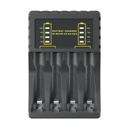 AA/AAA Battery Charger in black plastic with four slots and a dual LED display indicating battery charge levels