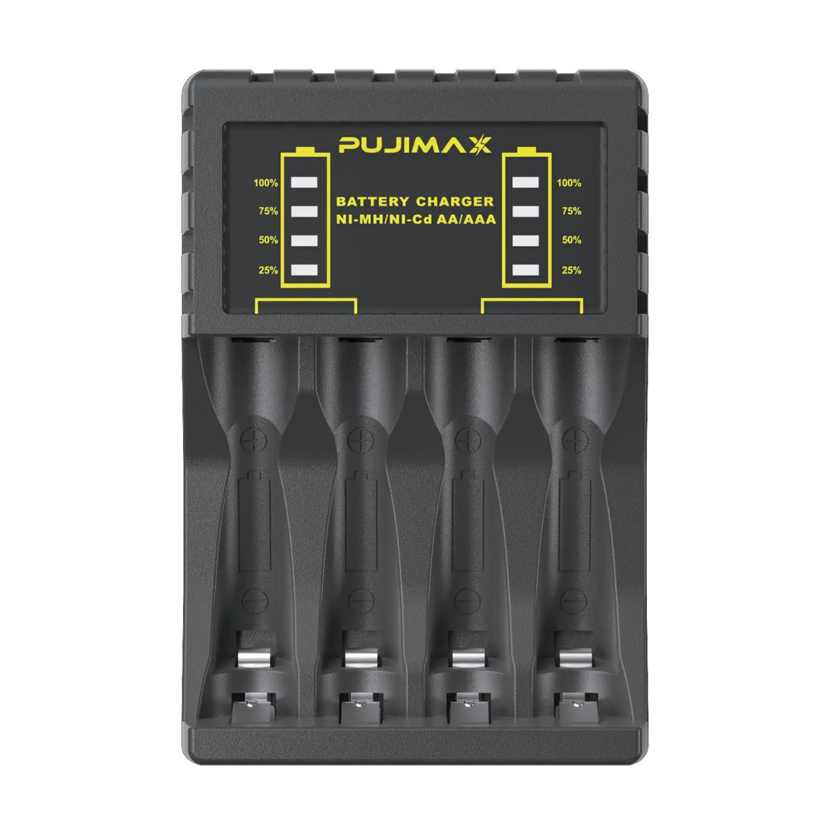 AA/AAA Battery Charger in black plastic with four charging slots and yellow LED display indicators on top panel