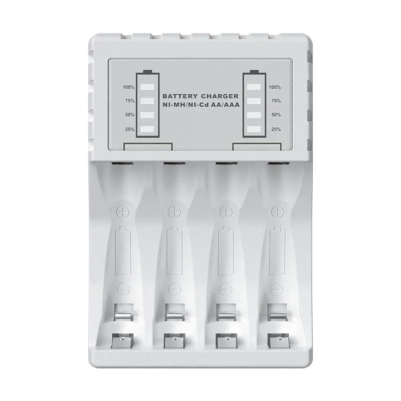 AA/AAA Battery Charger in white plastic with four slots and a clear LED display showing charge levels for AA and AAA batteries
